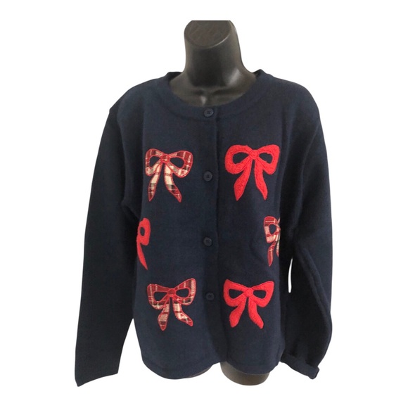 Dark Navy Blue and‎ red bow embroidered chunky knit cardigan size XL new - Picture 9 of 11